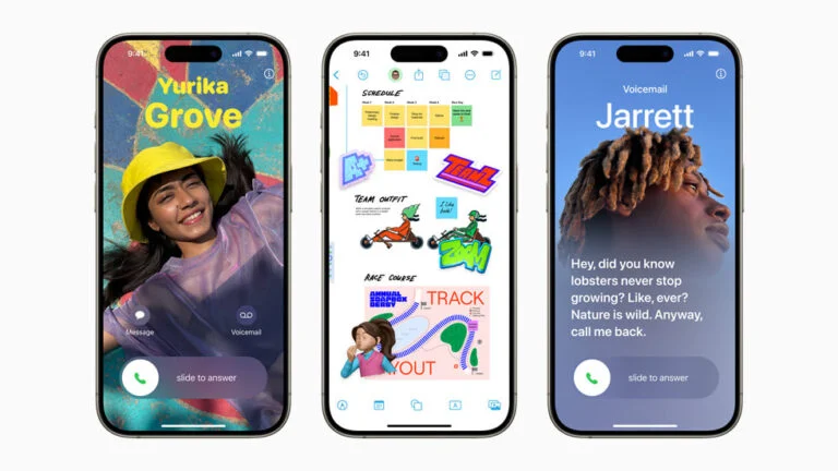trois écrans d'iPhone pour illustrer les nouveautés de l'iOS 17 d' Apple