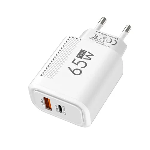 Chargeur GaN 65W, 2x USB C + USB 18W - Charge rapide Format Compact Swissten Blanc - Français