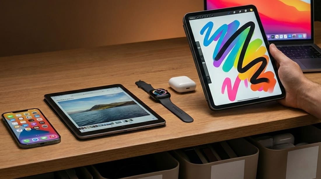 Photo montrant un iPhone, un iPad, une Apple Watch, des Airpods, un autre iPad pour illustrer la catégorie Recherche d'AppleCase.fr