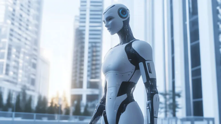 Robot humanoïde moderne dans un environnement technologique futuriste avec écrans IA et éclairage minimaliste
